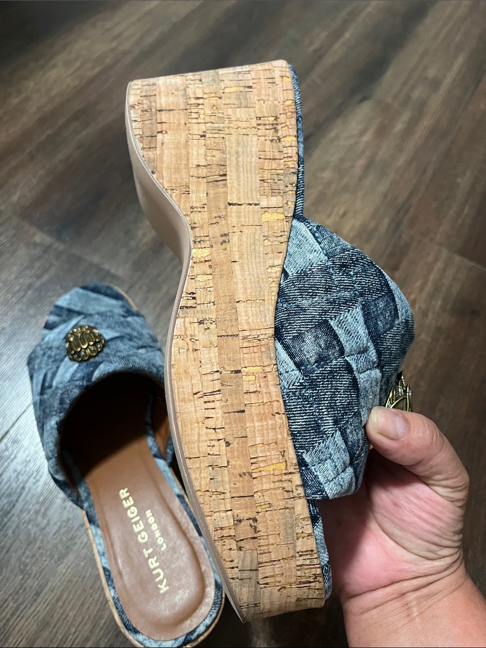 Kurt Geiger Denim Woven Cork Slide Wedges with Gold Emblem - Picture 6 of 10